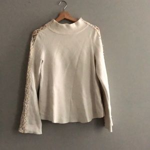 Mock neck sweater with lace appliqué open sleeves